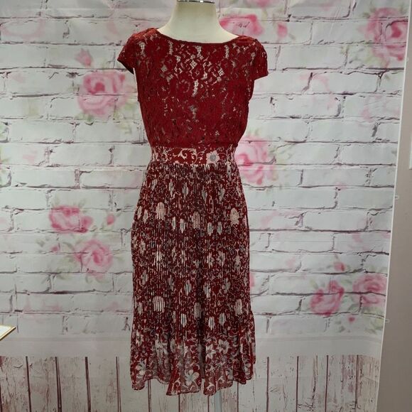 Plenty Anthropologie Women's Arcadia Accordion Pleated Laced Midi Dress Brown Si - Picture 3 of 12